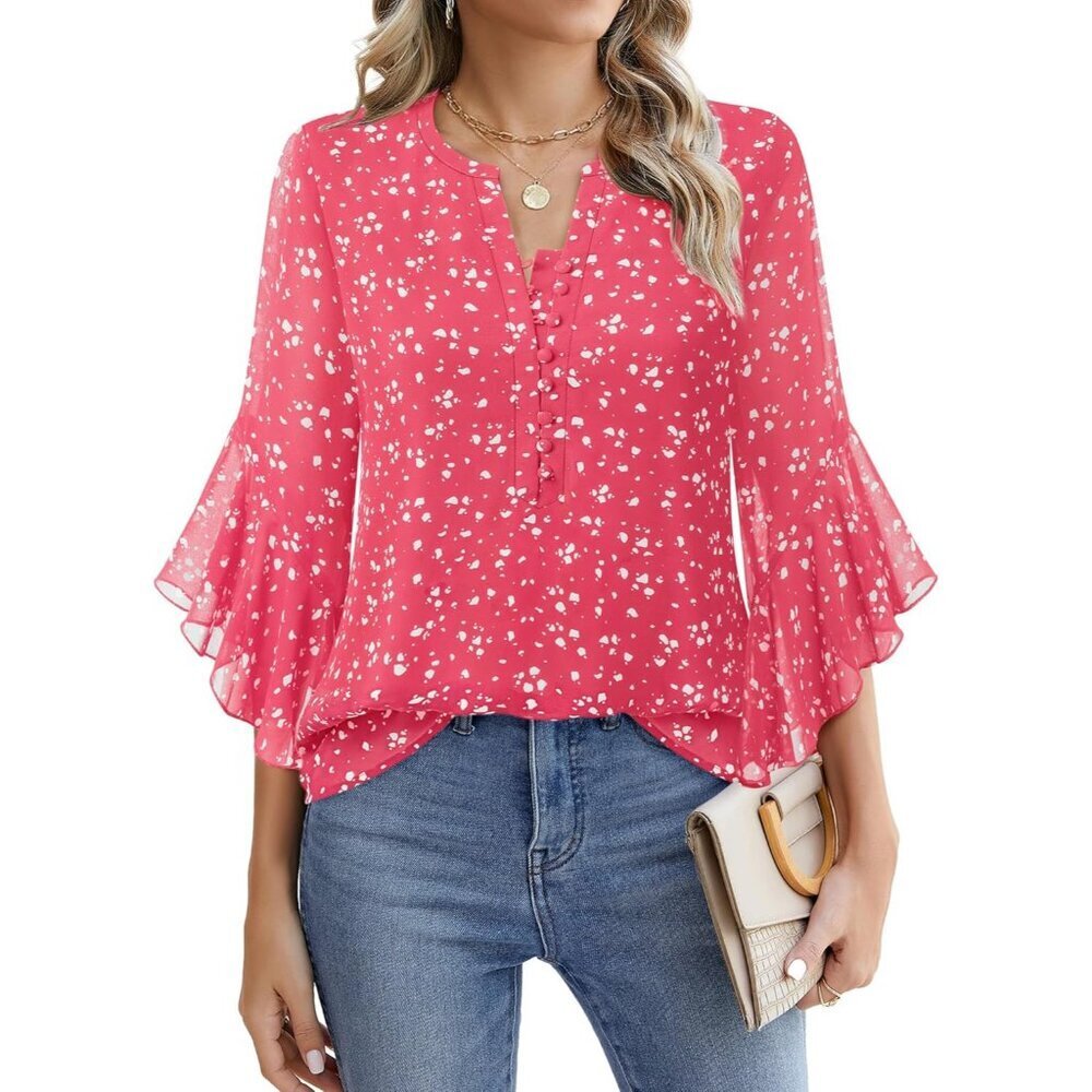 Women’s 3/4 Sleeve Chiffon Top with Ruffle Cuffs Floral Pattern Casual